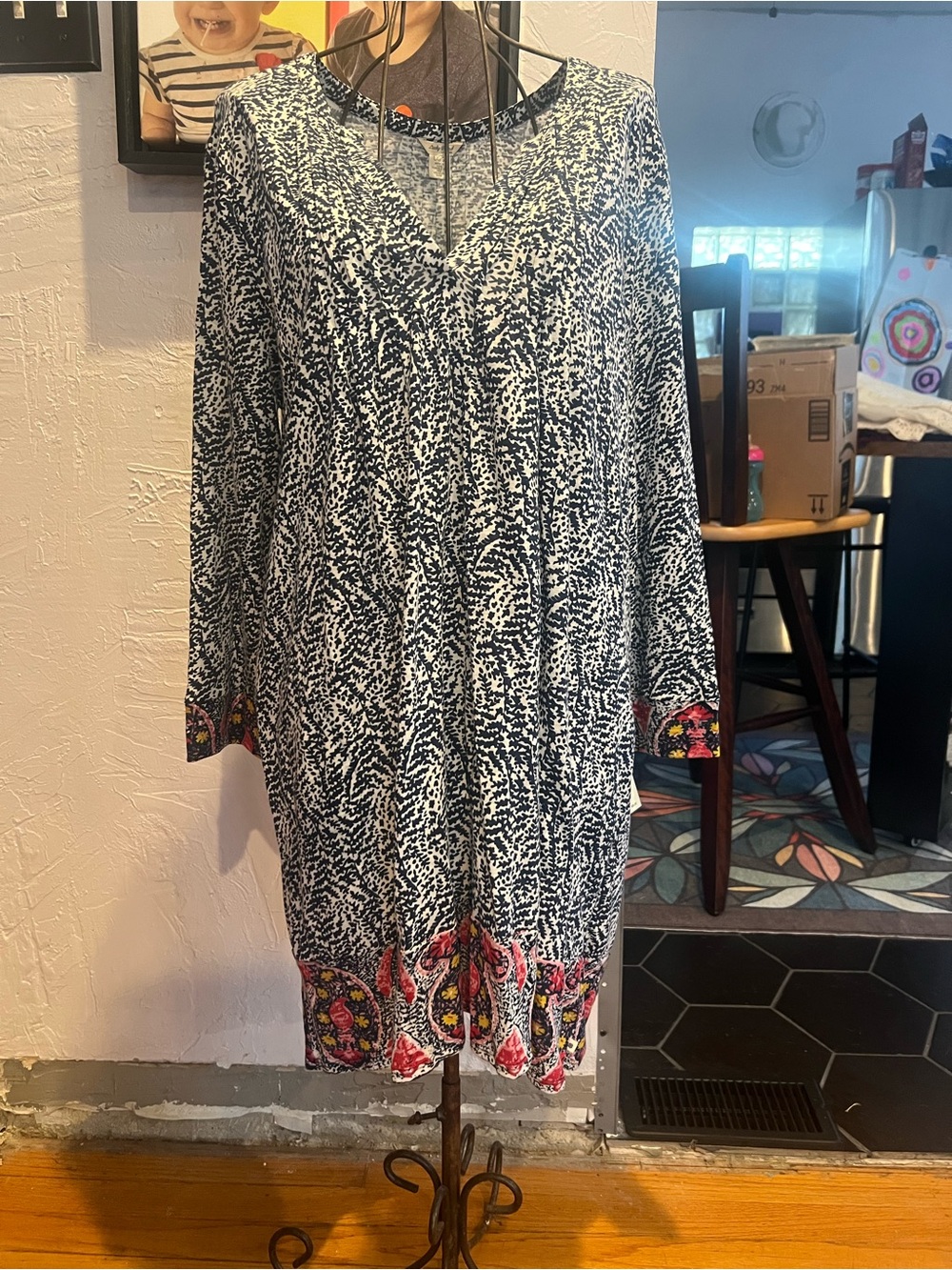 Lucky Brand Navy and White V-Neck Long Sleeve Printed Dress with Multicolor Hem